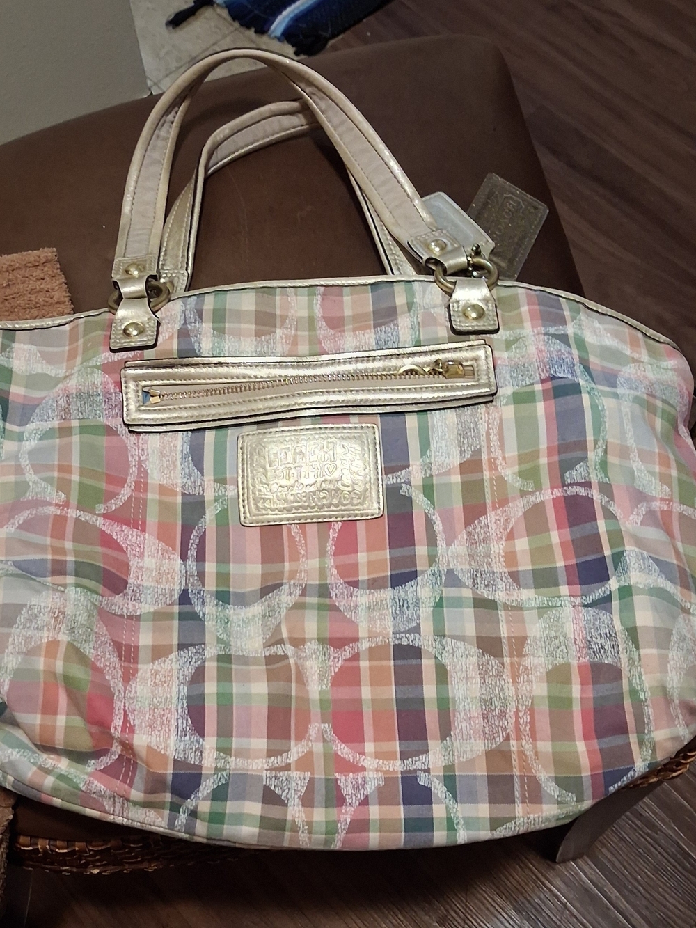 Coach Multicolor Plaid Tote with Cream Handles